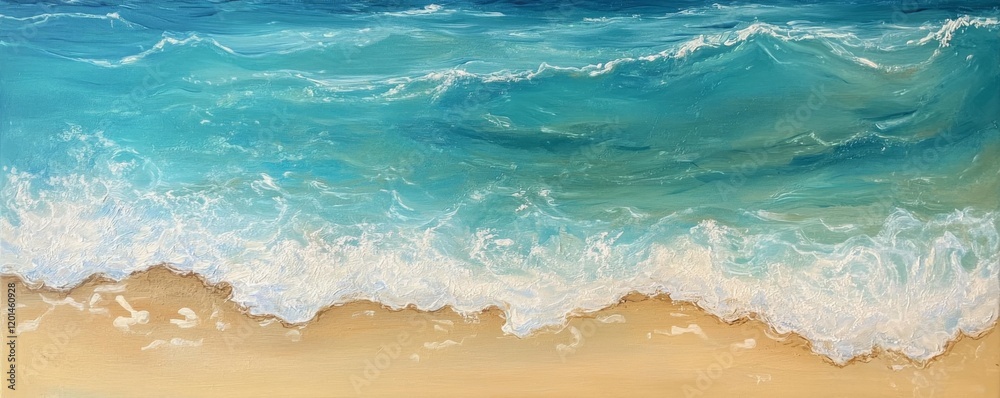 Pristine turquoise ocean waves gently lapping on sandy beach shoreline. Pristine turquoise ocean waves gently lapping on sandy beach shoreline.