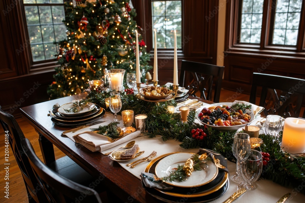 Enchanting holiday gathering with seasonal decorations and a festive feast cozy home dining room table setting inviting atmosphere