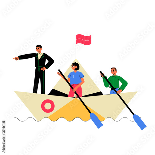 Team Rowing Boat In Flat Vector Illustration Symbolizing Leadership, Teamwork, And Direction, Isolated On White Background