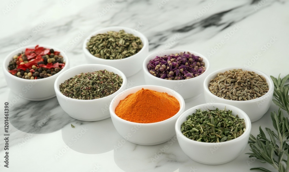 Assorted Spices and Herbs in White Bowls on Marble Surface Assorted Spices and Herbs in White Bowls on Marble Surface