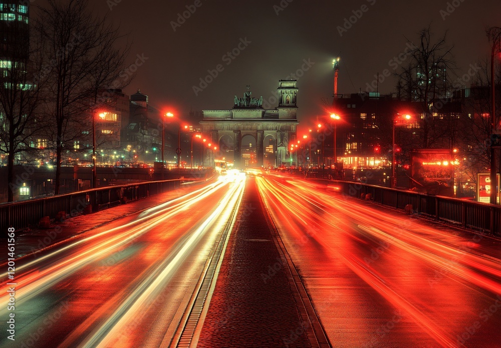 Night cityscape with light trails converging on a historic archway. Night cityscape with light trails converging on a historic archway.