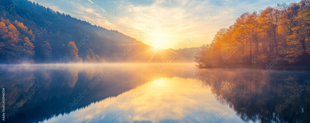 Obraz premium Tranquil sunrise over mountain lake with forest reflections.