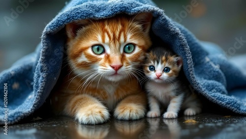Wallpaper Mural A mother cat and her adorable kitten find warmth and comfort under a cozy blanket, gazing out with curiosity in rainy weather. Torontodigital.ca