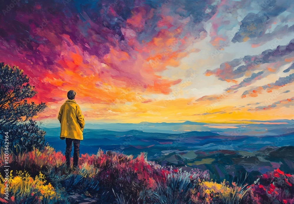 Fototapeta premium Man in yellow coat contemplates vibrant sunset over vast landscape.