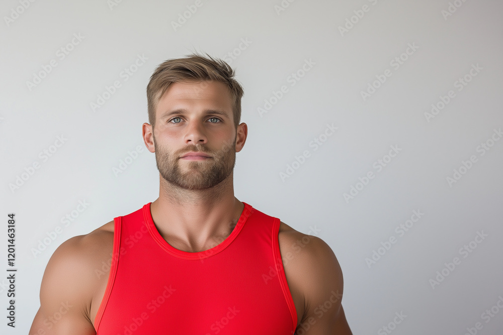 Fit man fitness model with big muscles in red tank top on white background

