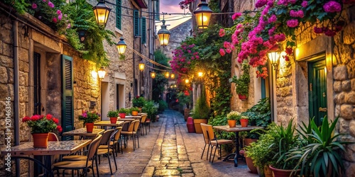 Romantic Hvar Street Cafe at Dusk: Flowers & Cobblestones