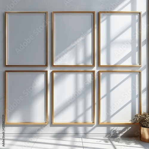 A set of six blank picture frames on the wall, each frame is white with thin gold trim around it, simple and minimalistic. photo