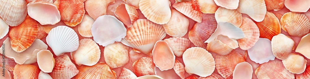 Close-up of various pink and orange seashells. Close-up of various pink and orange seashells.