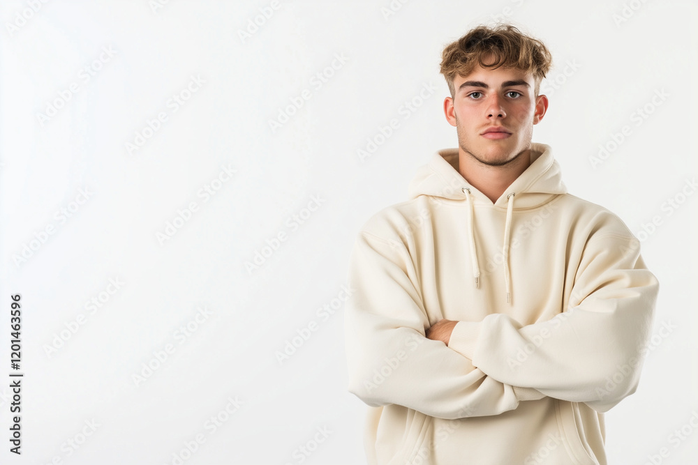 Casual young man in beige hoodie standing confidently on white background Casual young man in beige hoodie standing confidently on white background