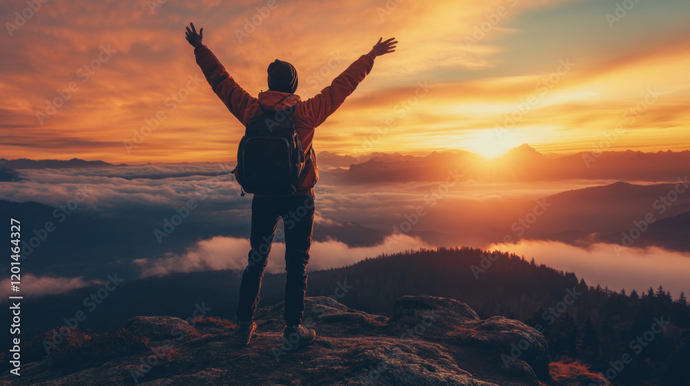 Fototapeta premium Sunset joy as a hiker finds motivation at the mountain peak in a vibrant sky