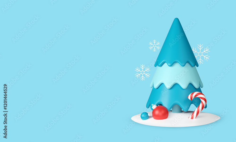 Merry christmas and happy new year with 3d decorative elements. Christmas tree with gifts and balls, snow effect Merry christmas and happy new year with 3d decorative elements. Christmas tree with gifts and balls, snow effect
