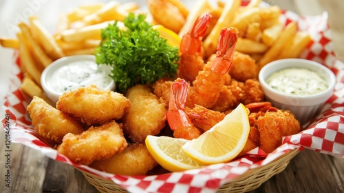 A delicious seafood platter featuring shrimp, golden fries, and dipping sauces, garnished with fresh lemon and parsley.