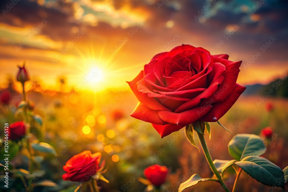 Obraz premium Romantic Sunset Rose Garden Double Exposure, Soft Focus Red Roses Bloom