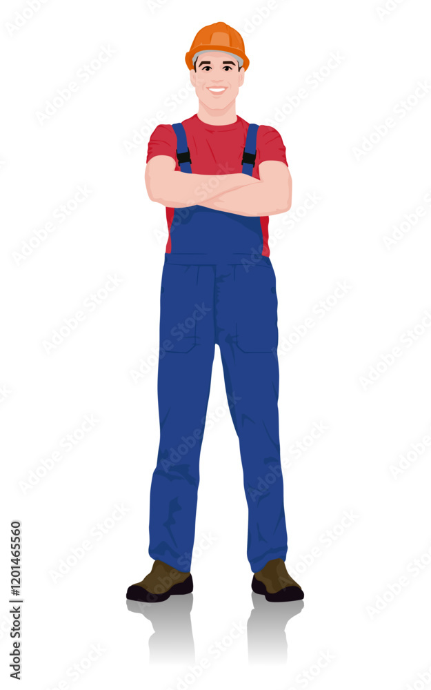 Confident Construction Worker in Safety Gear with Folded Armsю Vector flat style illustration isolated on white Confident Construction Worker in Safety Gear with Folded Armsю Vector flat style illustration isolated on white