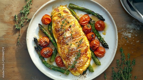 Fluffy omelette with roasted asparagus and cherry tomatoes on a white plate.