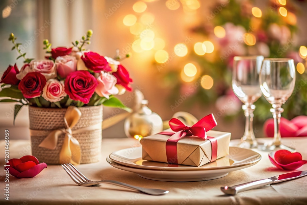 Romantic Valentine's Day Table Setting with Gift Box - Beige Background Stock Photo Romantic Valentine's Day Table Setting with Gift Box - Beige Background Stock Photo
