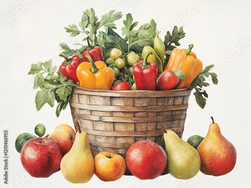 A wicker basket overflowing with colorful bell peppers, tomatoes, and other fresh produce, surrounded by apples and pears. photo