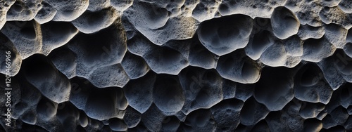 Dark grey stone texture with irregular, pitted surface.