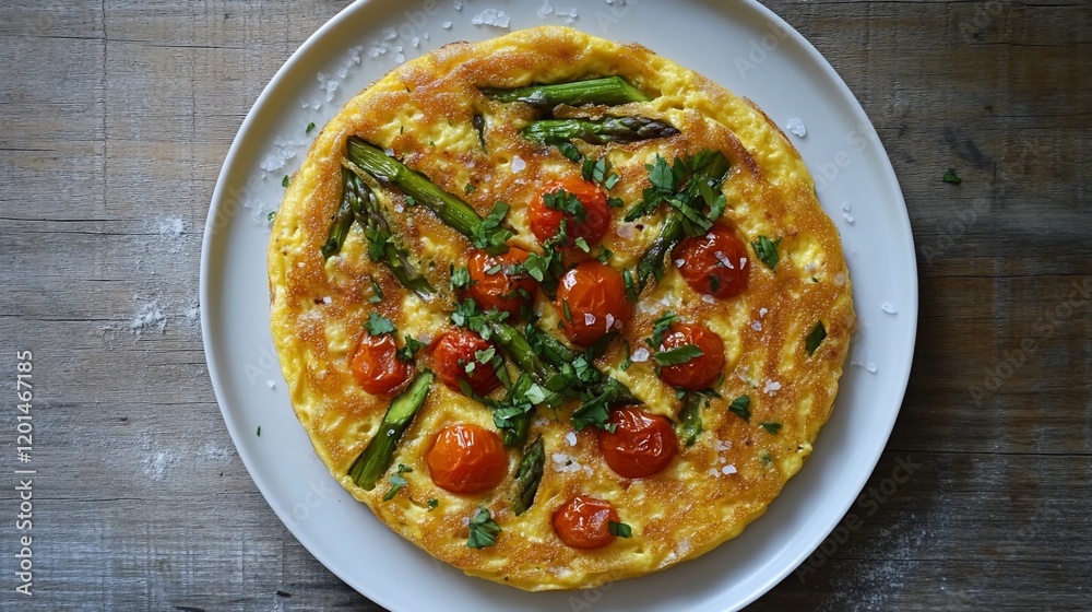 Delicious omelette with asparagus and cherry tomatoes. Delicious omelette with asparagus and cherry tomatoes.