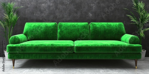 Green velvet sofa in modern room. Concrete wall, plants. Interior design photo