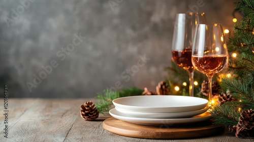 A beautifully arranged festive table setting featuring glasses filled with rich beverages, accentuated by pinecones and greenery, perfect for holiday celebrations or gatherings. photo