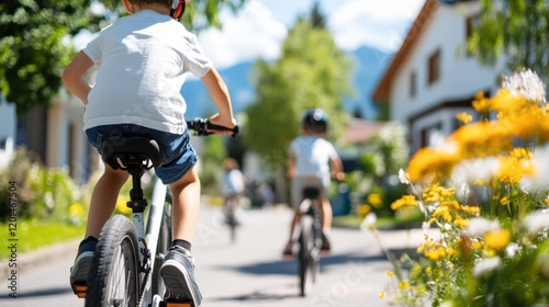 Kids enjoy a sunny afternoon biking through a vibrant neighborhood