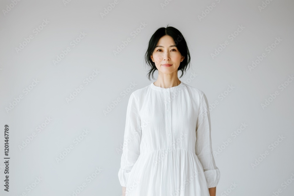 minimalist portrait of a middle aged woman in white dress with clean background and copy space minimalist portrait of a middle aged woman in white dress with clean background and copy space