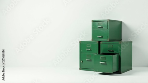Green metal filing cabinets stacked against a white wall, a minimalist interior design concept for organization and storage