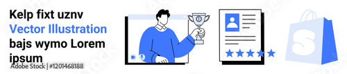Wallpaper Mural Man holding trophy with a review rating and profile bio. Includes text and blue shopping bag. Ideal for award recognition, review systems, customer satisfaction, e-commerce, landing page. Landing Torontodigital.ca