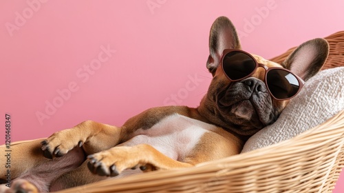 A relaxed dog lounging in a stylish manner on a cozy bed, wearing chic sunglasses against a vibrant pink backdrop, conveying a sense of coolness and calmness. photo