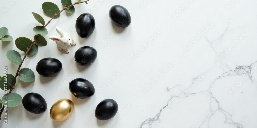 Stylish Easter Decor Black Eggs, Gold Accents, and a Bunny on Marble Stylish Easter Decor Black Eggs, Gold Accents, and a Bunny on Marble