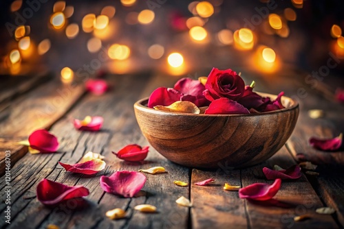Rose Petals in Bowl, Wooden Table, Bokeh Lights - Urban Exploration Photography