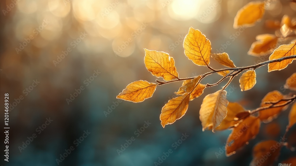 A close-up view of vibrant golden leaves illuminated by soft sunlight, showcasing the beautiful transition of nature during autumn in a serene environment.