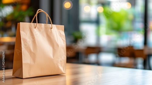 Wallpaper Mural Shopping bag resting on a wooden table in a cozy cafe atmosphere Torontodigital.ca