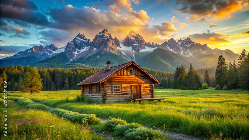 Rustic Cabin Meadow Mountain Sunrise Stock Photo - Peaceful Nature Scene Rustic Cabin Meadow Mountain Sunrise Stock Photo - Peaceful Nature Scene
