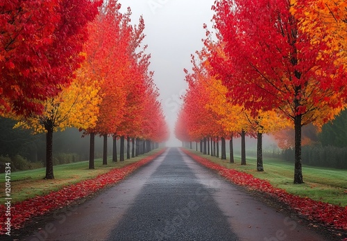 Misty autumn road lined with vibrant red and gold trees.