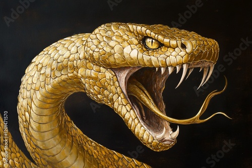 Close-up of a golden viper's head, fangs bared, against a black background.