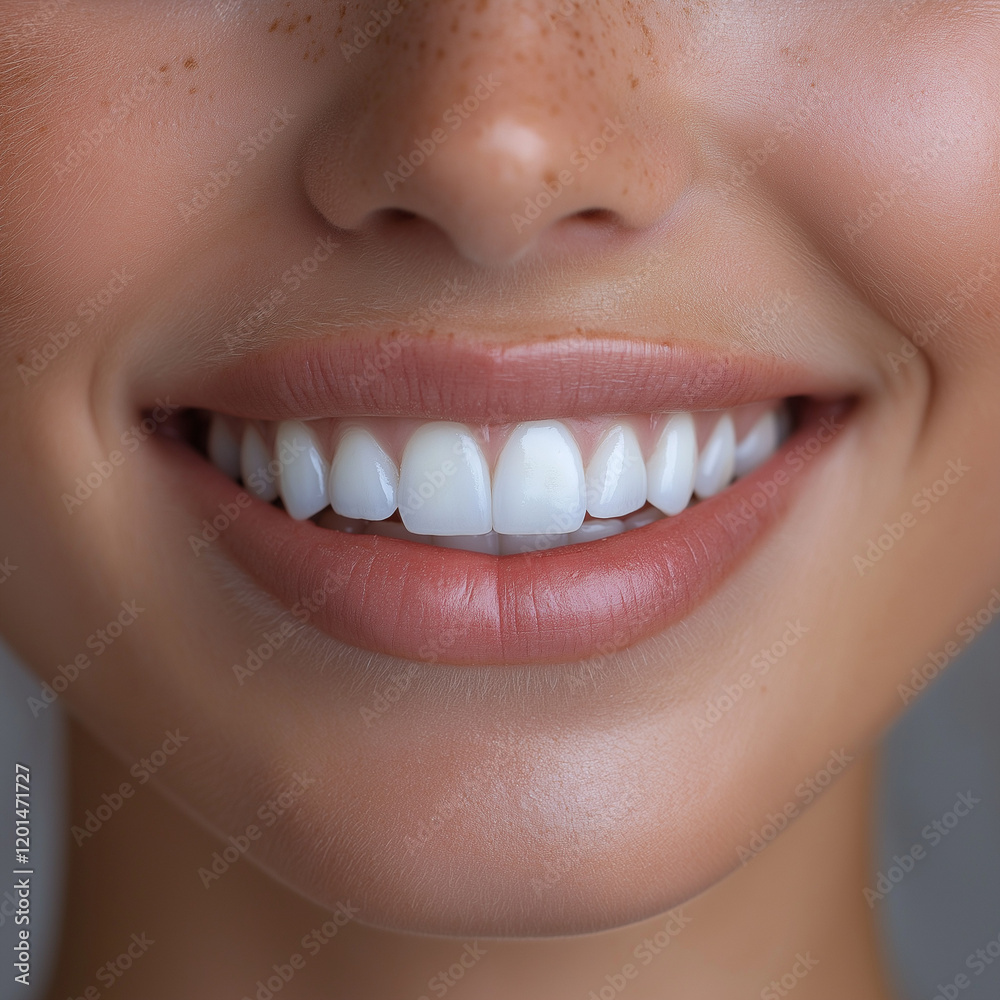 Obraz premium Close-up of a cheerful woman showcasing healthy white teeth and glossy lips, emphasizing dental hygiene