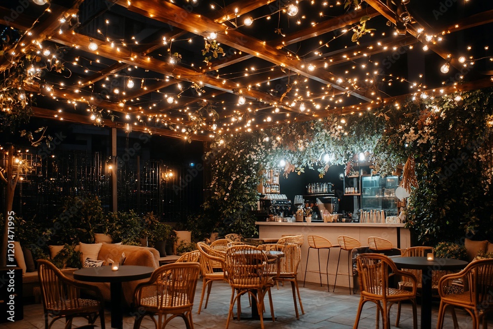 Nighttime patio with string lights, wicker chairs, and bar.