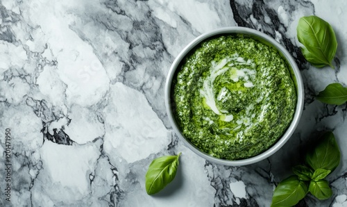 Bowl of basil pesto top view on white marble background top view, green vegetable sauce