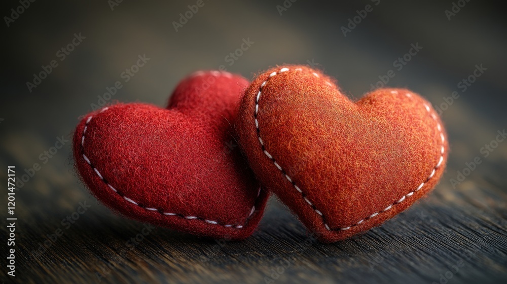 This delightful image showcases three colorful felt hearts, representing warmth and connection on a textured surface. This delightful image showcases three colorful felt hearts, representing warmth and connection on a textured surface.