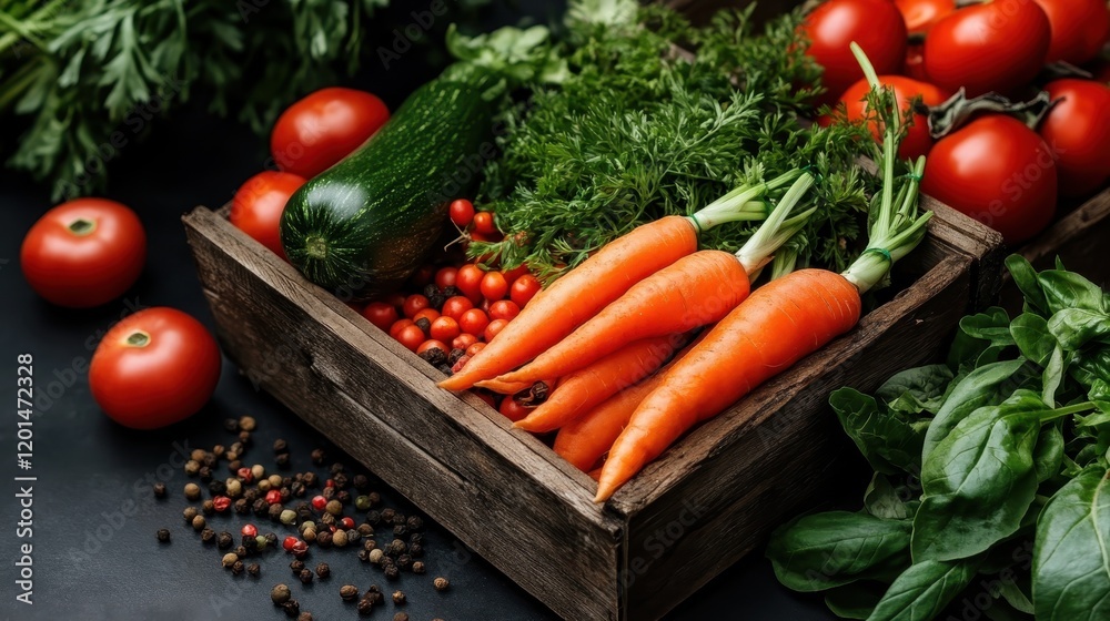 A rustic wooden crate filled with fresh carrots, zucchini, and cherry tomatoes, presenting a wholesome mix of vegetables all nestled together in a vibrant display. A rustic wooden crate filled with fresh carrots, zucchini, and cherry tomatoes, presenting a wholesome mix of vegetables all nestled together in a vibrant display.