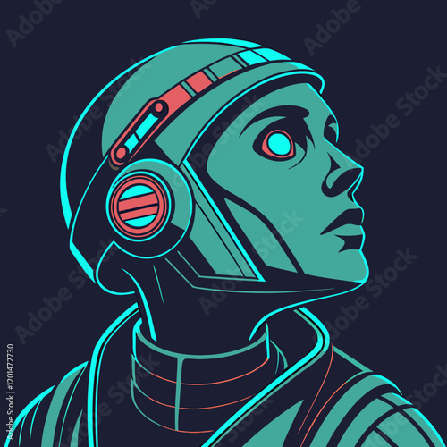 A neon robot face glowing against a dark background