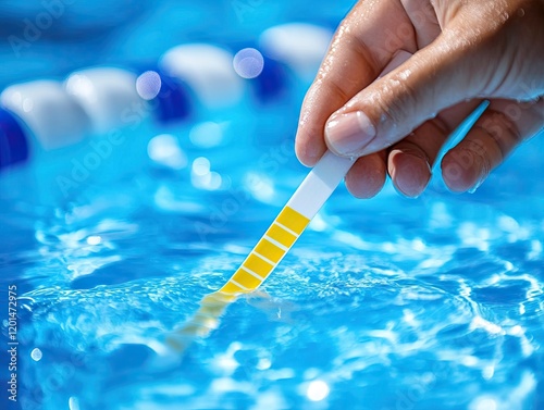 Close-up of a hand using a test strip to check pool water quality, measuring pH, chlorine, and algaecide levels in swimming pool. photo