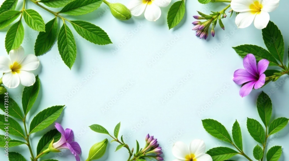 Naklejka premium Floral Frame with Lush Green Leaves and Delicate Blooms on a Pastel Background