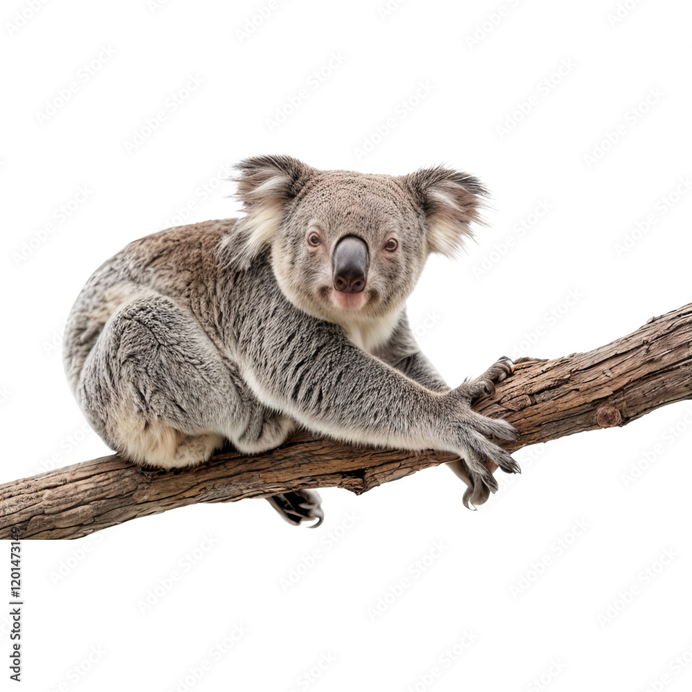 Obraz premium Koala on Branch: A charming koala perched on a sturdy branch, its soft gray fur contrasting beautifully with the rough texture of the wood.
