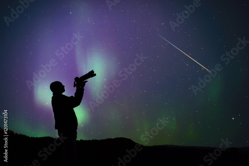 Man observing and photographing aurora borealis polar lights and Milky Way Stars from a dark countryside location.