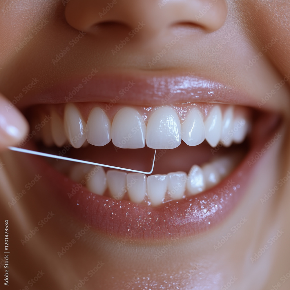 Fototapeta premium Woman flossing her teeth with close-up smile.