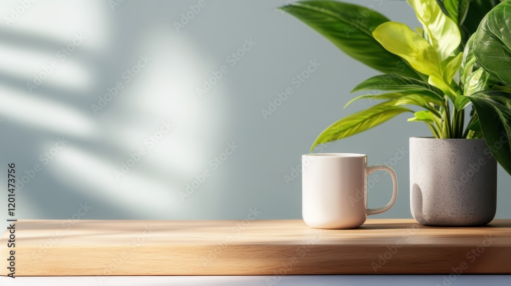 Fresh greenery and a white mug on a wooden table create a calm space Fresh greenery and a white mug on a wooden table create a calm space