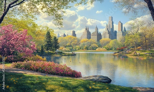Central Park in spring with flowers and trees